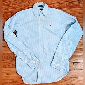 Ralph Lauren Classic Fit Blue+ White Striped Oxford Buttondown Shirt Womens sz 2